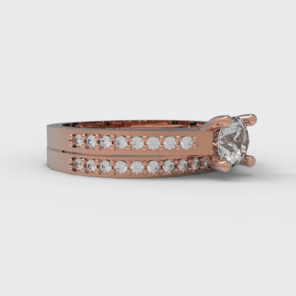 0.86 cttw Round Cut White Sapphire Bridal Set - Solid Rose Gold Engagement Ring & Wedding Band