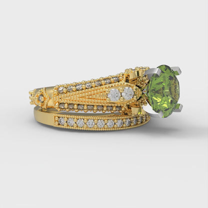 2.095 cttw Round Cut Natural Peridot Bridal Set - Solid Yellow/White Gold Engagement Ring & Wedding Band