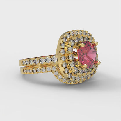 1.7825 cttw Round Cut Simulated Pink Tourmaline Bridal Set - Solid Yellow Gold Engagement Ring & Wedding Band