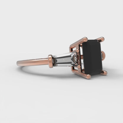 1.5 cttw Natural Onyx Three-Stone Engagement Ring - Solid Rose Gold (VVS1, Emerald Cut,7.0x5.0mm)