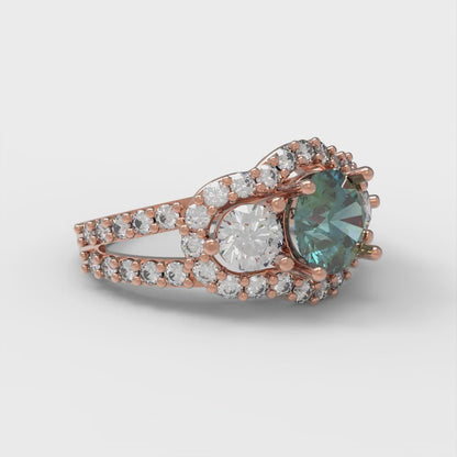 2.16 cttw Blue Moissanite Three-Stone Engagement Ring - Solid Rose Gold (VVS1, Round Cut,6.5mm)