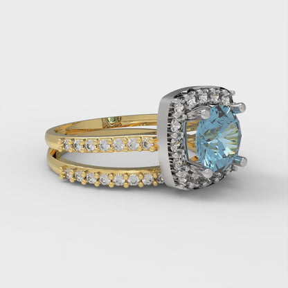 1.495 cttw Round Cut Natural Swiss Blue Topaz Bridal Set - Solid Yellow/White Gold Engagement Ring & Wedding Band