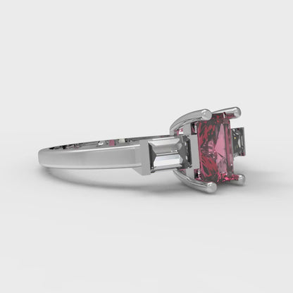 0.8 cttw Simulated Ruby Three-Stone Engagement Ring - Solid White Gold (VVS1, Emerald Cut,6x4mm)