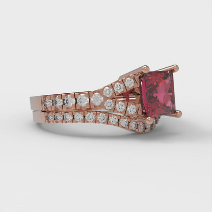 3.4 cttw Princess Cut Natural Garnet Bridal Set - Solid Rose Gold Engagement Ring & Wedding Band