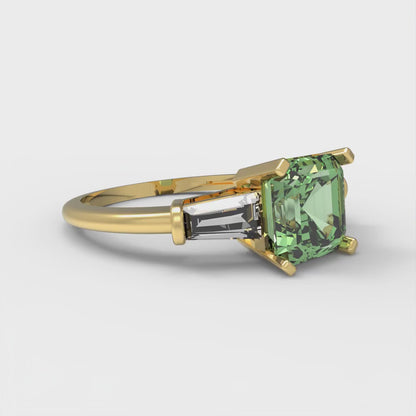 1.62 cttw Zirconia Simulated Green Diamond Three-Stone Engagement Ring - Solid Gold (VVS1, Square Emerald Cut,6.5X6.5mm)