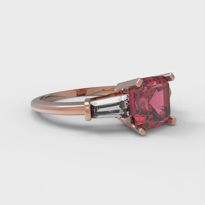 1.62 cttw Simulated Pink Tourmaline Three-Stone Engagement Ring - Solid Gold (Square Emerald Cut,6.5X6.5mm)