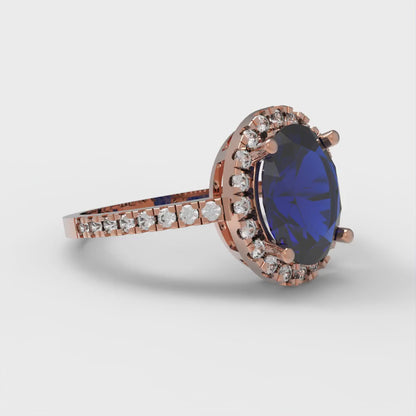 2.27 cttw Simulated Blue Sapphire Solitaire with Zirconia Simulated Diamond Accents Engagement Ring - Solid Gold (Oval Cut,9X7mm)