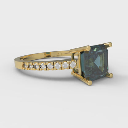 2.7 cttw Natural London Blue Topaz Solitaire with Zirconia Simulated Diamond Accents Engagement Ring - Solid Gold (Asscher Cut,6.5mm)