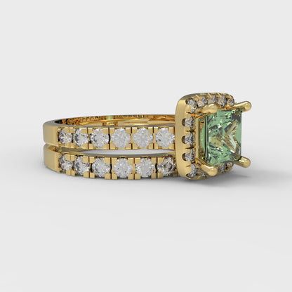 1.56 cttw Princess Cut Simulated Green Diamond Bridal Set - Solid Yellow Gold Engagement Ring & Wedding Band