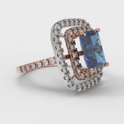 2.62 cttw Simulated Tanzanite Hidden Halo Engagement Ring - Solid Rose/White Gold (VVS1, Emerald Cut,8X6.0mm)