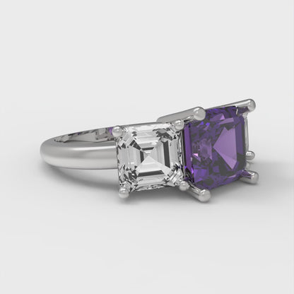 4 cttw Natural Amethyst Three-Stone Engagement Ring - Solid Gold (Square Emerald Cut,7.0X7.0mm)