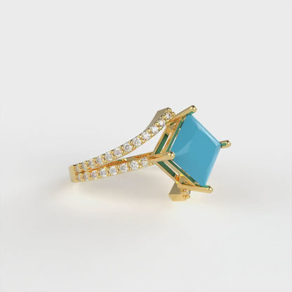 2.3075 cttw Simulated Turquoise Solitaire with Zirconia Simulated Diamond Accents Engagement Ring - Solid Yellow Gold (VVS1, Princess Cut,7.0mm)
