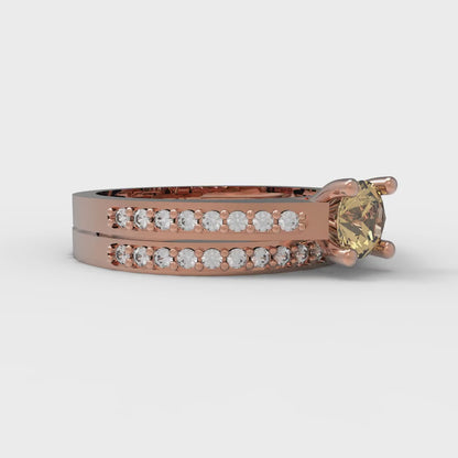 0.86 cttw Round Cut Simulated Champagne Diamond Bridal Set - Solid Rose Gold Engagement Ring & Wedding Band