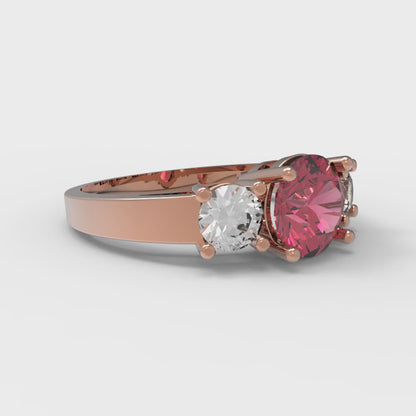 1.5 cttw Simulated Ruby Three-Stone Engagement Ring - Solid Rose Gold (VVS1, Round Cut,6.5mm)