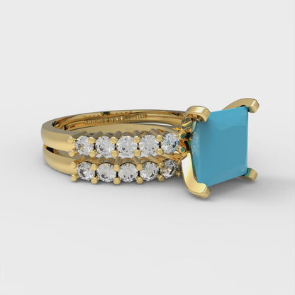 2.63 cttw Princess Cut Simulated Turquoise Bridal Set - Solid Yellow Gold Engagement Ring & Wedding Band