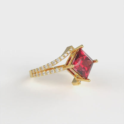 2.3075 cttw Simulated Ruby Solitaire with Zirconia Simulated Diamond Accents Engagement Ring - Solid Yellow Gold (VVS1, Princess Cut,7.0mm)