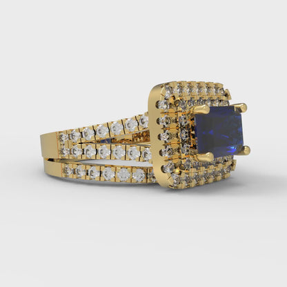 3.05 cttw Emerald Cut Simulated Blue Sapphire Bridal Set - Solid Yellow Gold Engagement Ring & Wedding Band