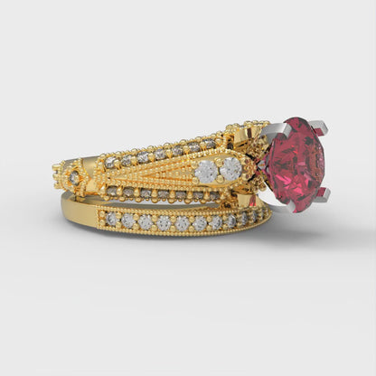 2.095 cttw Round Cut Simulated Ruby Bridal Set - Solid Yellow/White Gold Engagement Ring & Wedding Band