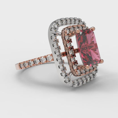 2.62 cttw Simulated Ruby Hidden Halo Engagement Ring - Solid Rose/White Gold (VVS1, Emerald Cut,8X6.0mm)