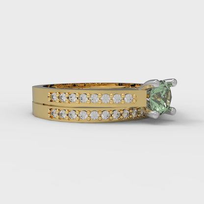 0.86 cttw Round Cut Simulated Green Diamond Bridal Set - Solid Yellow/White Gold Engagement Ring & Wedding Band