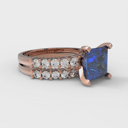 2.63 cttw Princess Cut Simulated Tanzanite Bridal Set - Solid Rose Gold Engagement Ring & Wedding Band