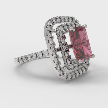 2.62 cttw Simulated Pink Tourmaline Hidden Halo Engagement Ring - Solid White Gold (VVS1, Emerald Cut,8X6.0mm)