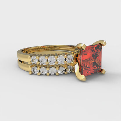 2.63 cttw Princess Cut Simulated Red Diamond Bridal Set - Solid Yellow Gold Engagement Ring & Wedding Band