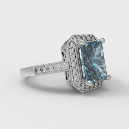 2.78 cttw Zirconia Simulated Blue Diamond Hidden Halo Engagement Ring - Solid White Gold (VVS1, Emerald Cut,8.5x6.5mm)