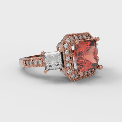 3.005 cttw Zirconia Simulated Red Diamond Three-Stone Engagement Ring - Solid Rose Gold (VVS1, Princess Cut,7.0mm)