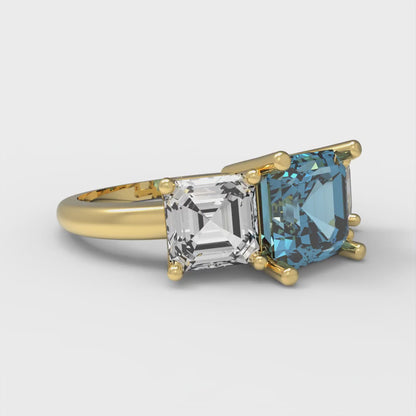 4 cttw Natural Aquamarine Three-Stone Engagement Ring - Solid Yellow Gold (VVS1, Square Emerald Cut,7.0X7.0mm)