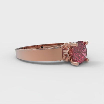 1.06 cttw Simulated Ruby Solitaire with Zirconia Simulated Diamond Accents Engagement Ring - Solid Rose Gold (VVS1, Round Cut,6.5mm)