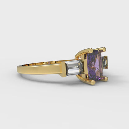 0.8 cttw Natural Amethyst Three-Stone Engagement Ring - Solid Gold (Emerald Cut,6x4mm)