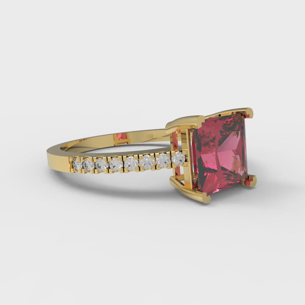 1.62 cttw Simulated Pink Tourmaline Solitaire with Zirconia Simulated Diamond Accents Engagement Ring - Solid Gold (Princess Cut,6.5mm)