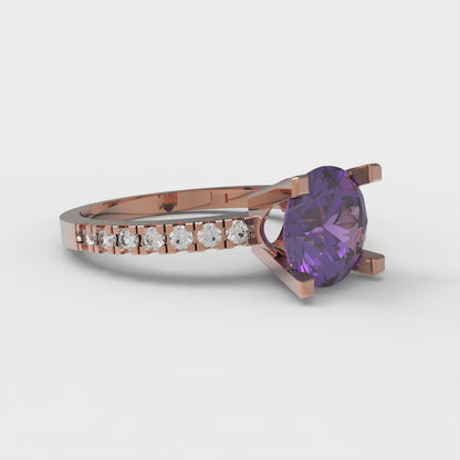 1.71 cttw Natural Amethyst Solitaire with Zirconia Simulated Diamond Accents Engagement Ring - Solid Rose Gold (VVS1, Round Cut,7.5mm)