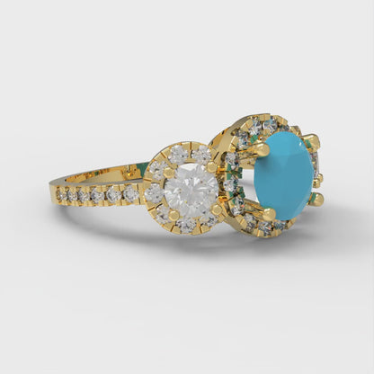 1.46 cttw Simulated Turquoise Three-Stone Engagement Ring - Solid Yellow Gold (VVS1, Round Cut,6.0mm)