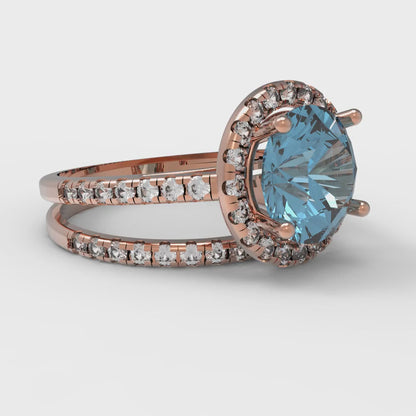 2.52 cttw Round Cut Natural Aquamarine Bridal Set - Solid Rose Gold Engagement Ring & Wedding Band