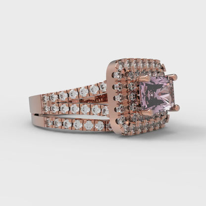 3.05 cttw Emerald Cut Simulated Pink Diamond Bridal Set - Solid Rose Gold Engagement Ring & Wedding Band