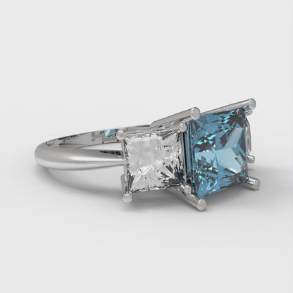 2.5 cttw Natural Aquamarine Three-Stone Engagement Ring - Solid White Gold  (VVS1, Princess Cut,6.5 mm)