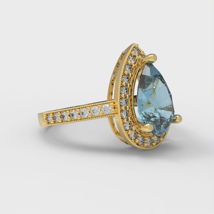 2.36 cttw Zirconia Simulated Blue Diamond Hidden Halo Engagement Ring - Solid Gold (VVS1, Pear Cut,10x7mm)