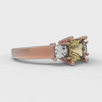 1.11 cttw Zirconia Simulated Yellow Diamond Three-Stone Engagement Ring - Solid Rose Gold (VVS1, Princess Cut,5.0mm)