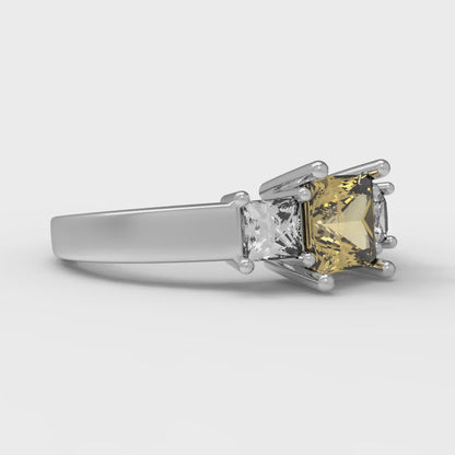 1.11 cttw Zirconia Simulated Yellow Diamond Three-Stone Engagement Ring - Solid White Gold (VVS1, Princess Cut,5.0mm)