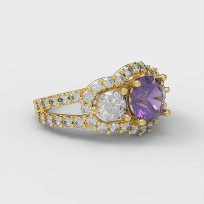 2.16 cttw Natural Amethyst Three-Stone Engagement Ring - Solid Gold (Round Cut,6.5mm)
