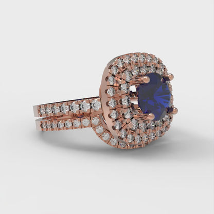 1.7825 cttw Round Cut Simulated Blue Sapphire Bridal Set - Solid Rose Gold Engagement Ring & Wedding Band