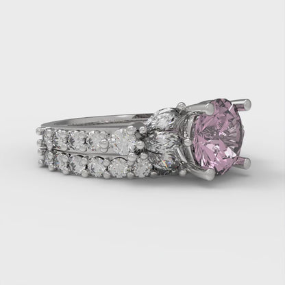 2.94 cttw Round Cut Simulated Pink Diamond Bridal Set - Solid White Gold Engagement Ring & Wedding Band