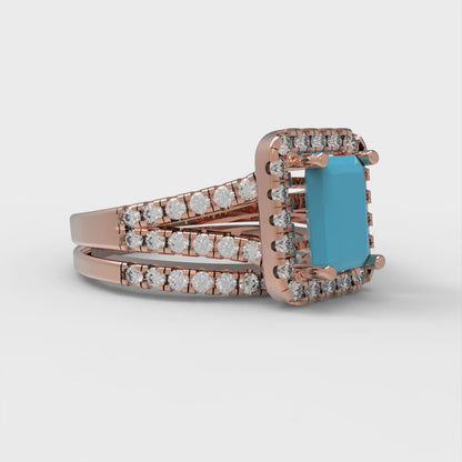 1.72 cttw Emerald Cut Simulated Turquoise Bridal Set - Solid Rose Gold Engagement Ring & Wedding Band