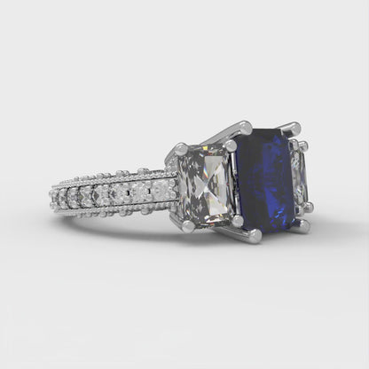 3.61 cttw Simulated Blue Sapphire Three-Stone Engagement Ring - Solid Gold (Emerald Cut,8x6mm)
