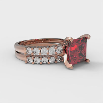 2.63 cttw Princess Cut Simulated Pink Tourmaline Bridal Set - Solid Rose Gold Engagement Ring & Wedding Band