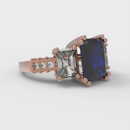 4.27 cttw Simulated Blue Sapphire Three-Stone Engagement Ring - Solid Gold (Emerald Cut,9x7mm)