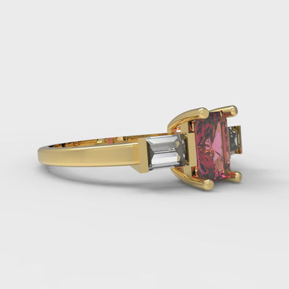 0.8 cttw Simulated Ruby Three-Stone Engagement Ring - Solid Yellow Gold (VVS1, Emerald Cut,6x4mm)