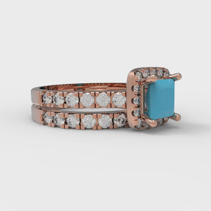 1.56 cttw Princess Cut Simulated Turquoise Bridal Set - Solid Rose Gold Engagement Ring & Wedding Band